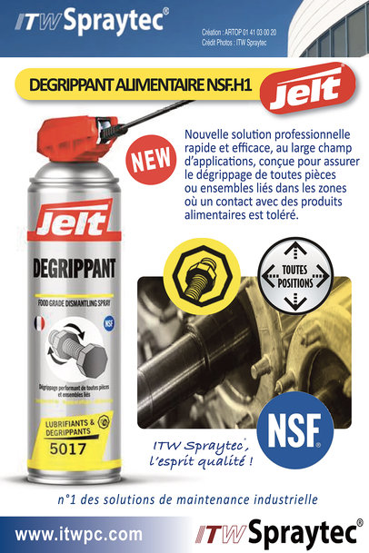 ITW Spraytec poursuit le renouvellement de sa gamme “Lubrifiants & Dégrippants”, et élargit son offre pour la maintenance dans les secteurs de l’alimentaire avec le lancement d’un nouveau dégrippant certifié NSF H1